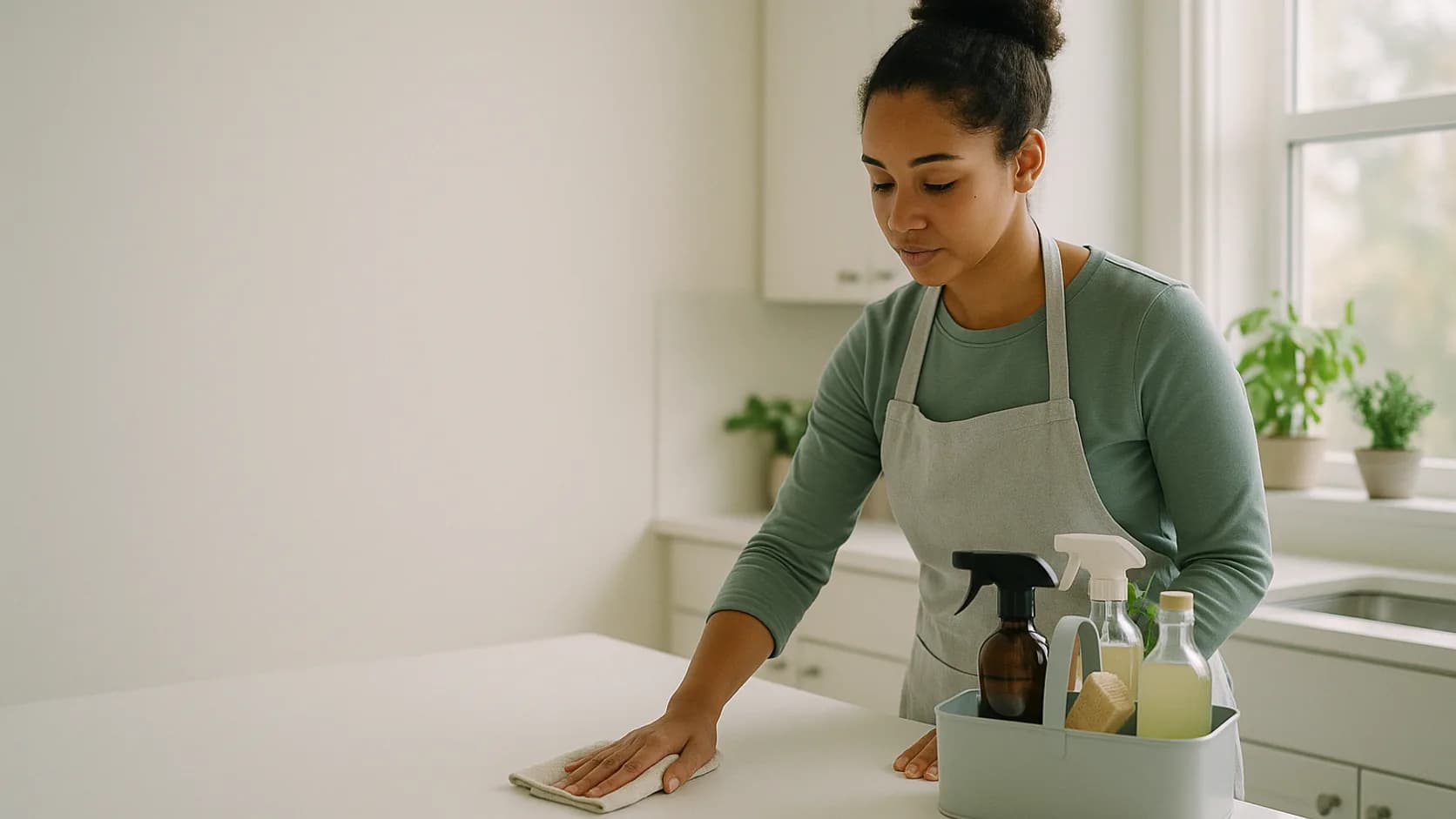 A house cleaner wiping down a bright kitchen counter in a sunlit home