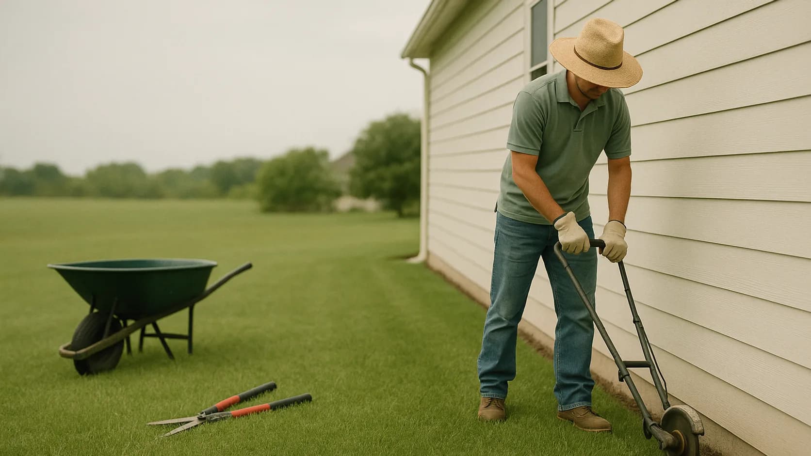 A lawn care professional edging a neat green lawn beside a light-coloured house