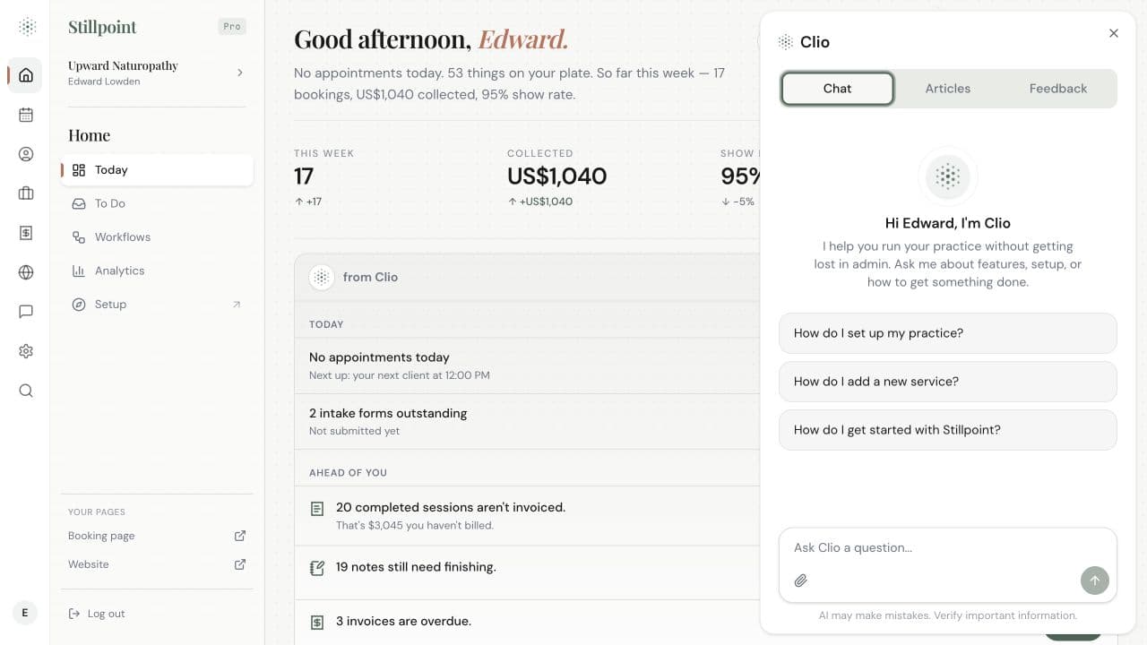 Current Stillpoint AI practice assistant within the Upward Naturopathy dashboard