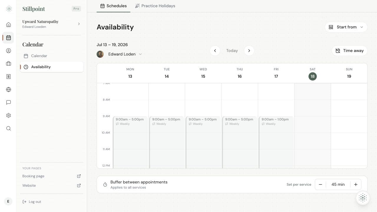 Current Upward Naturopathy weekly availability screen