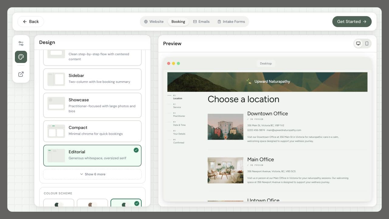 Upward Naturopathy booking design editor with the Editorial layout selected