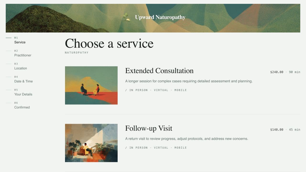 Upward Naturopathy Editorial booking page showing client services