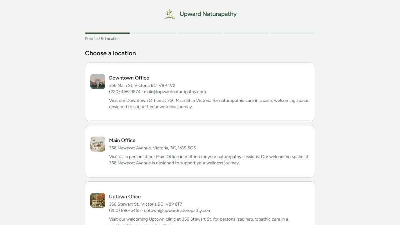 Published Upward Naturopathy booking page in Stillpoint