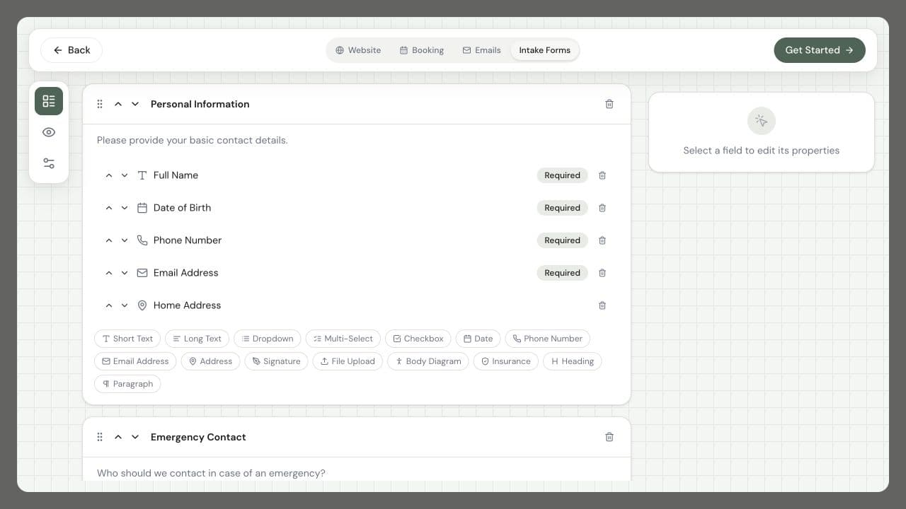Stillpoint intake form editor with client information fields