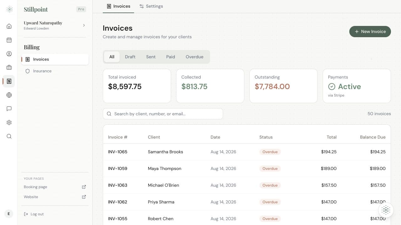 Current Upward Naturopathy payments and invoice overview
