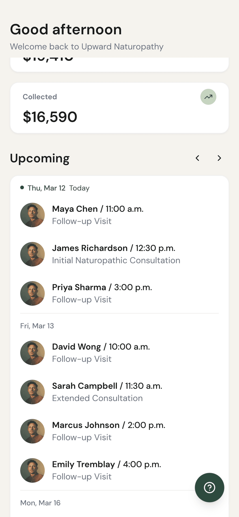 Dashboard with upcoming appointments on mobile