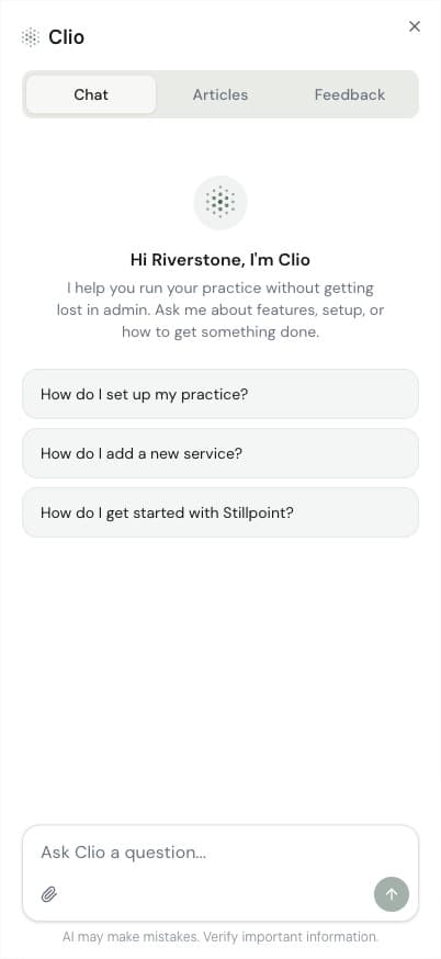 Clio welcome screen with suggested questions