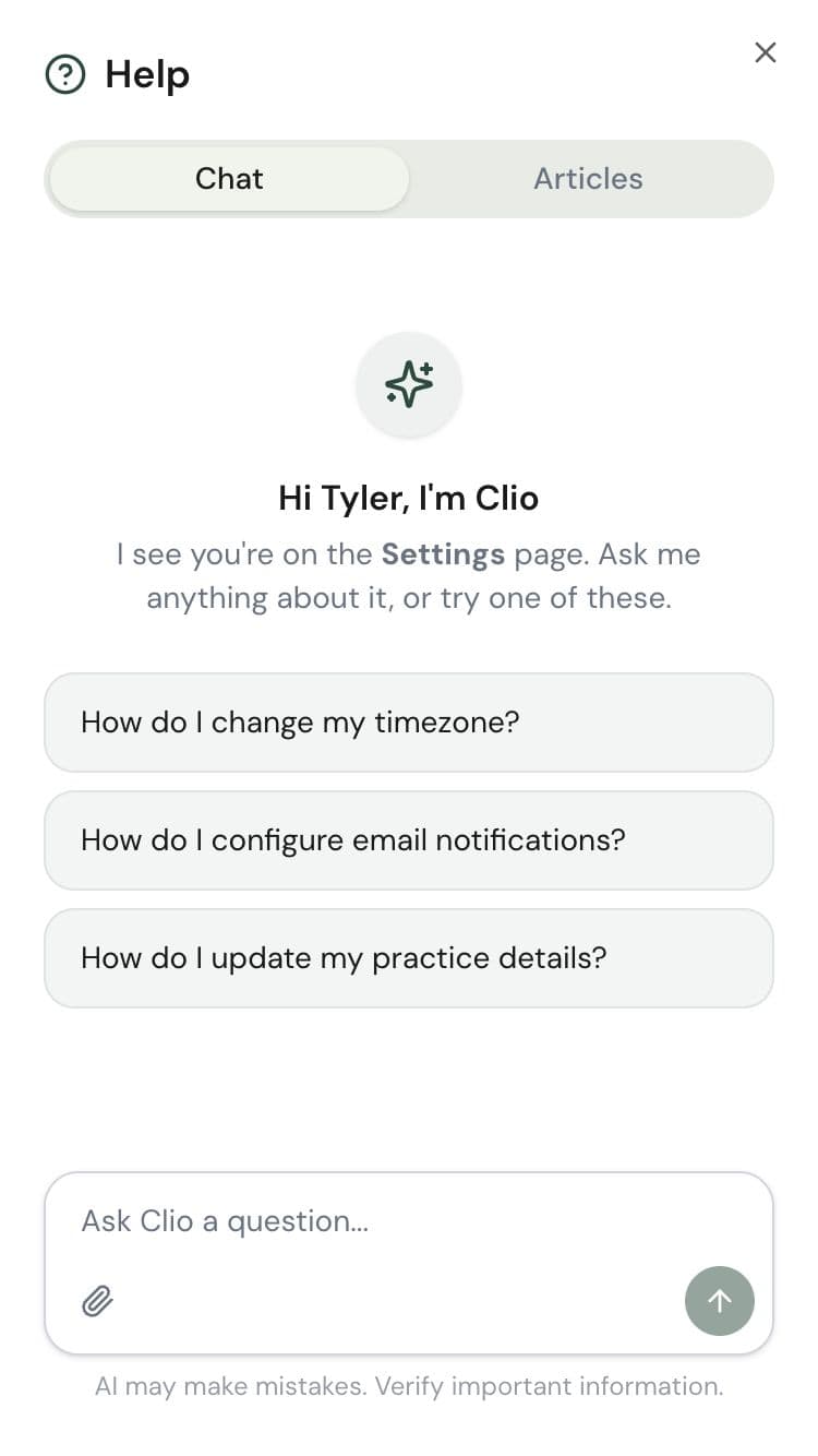 Clio welcome screen with suggested questions