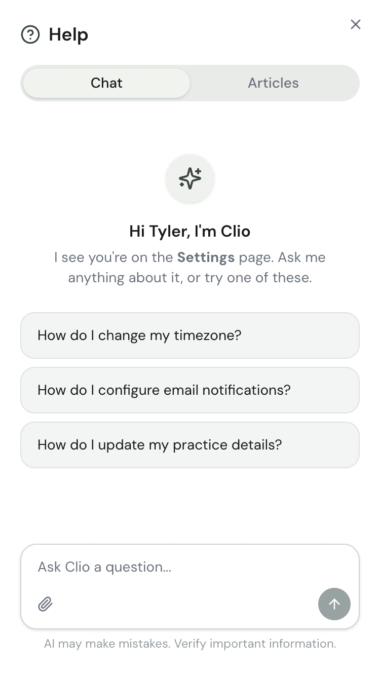 Clio welcome screen with suggested questions
