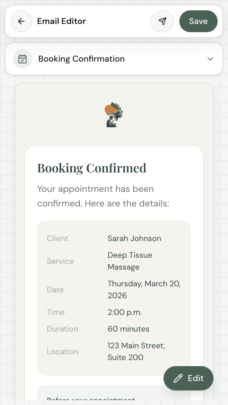 Email editor booking confirmation on mobile
