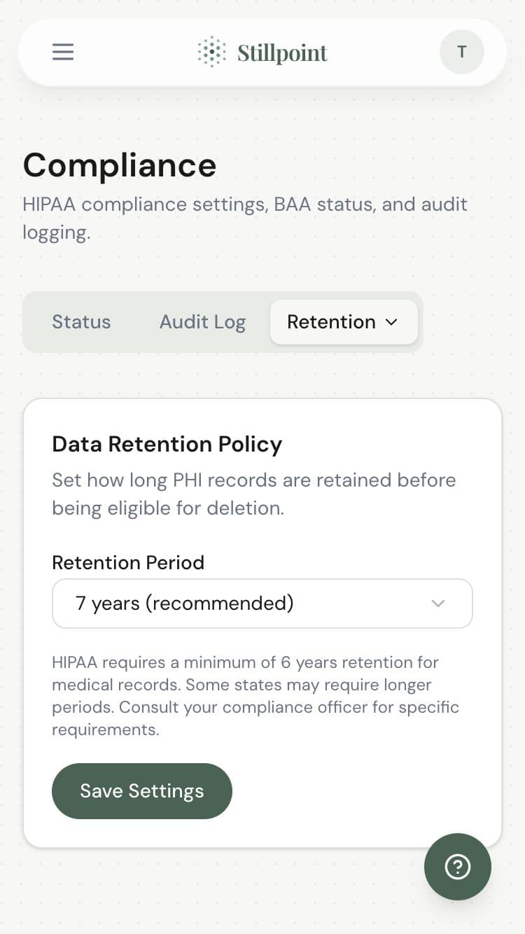 Data retention policy settings