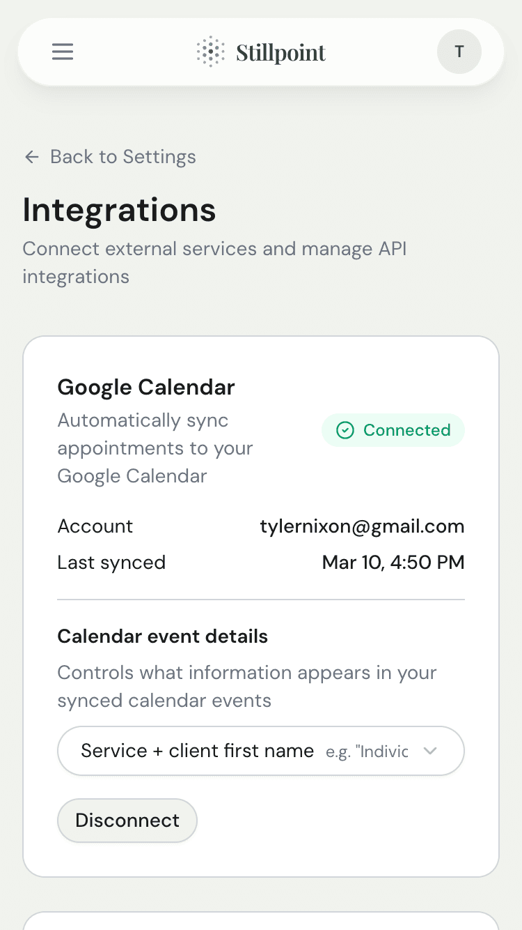 Google Calendar integration settings
