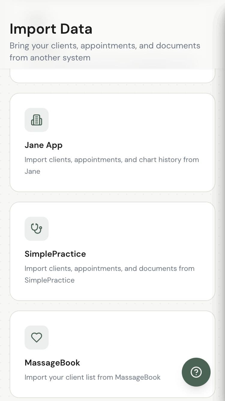 Import source picker showing Jane, SimplePractice, and MassageBook