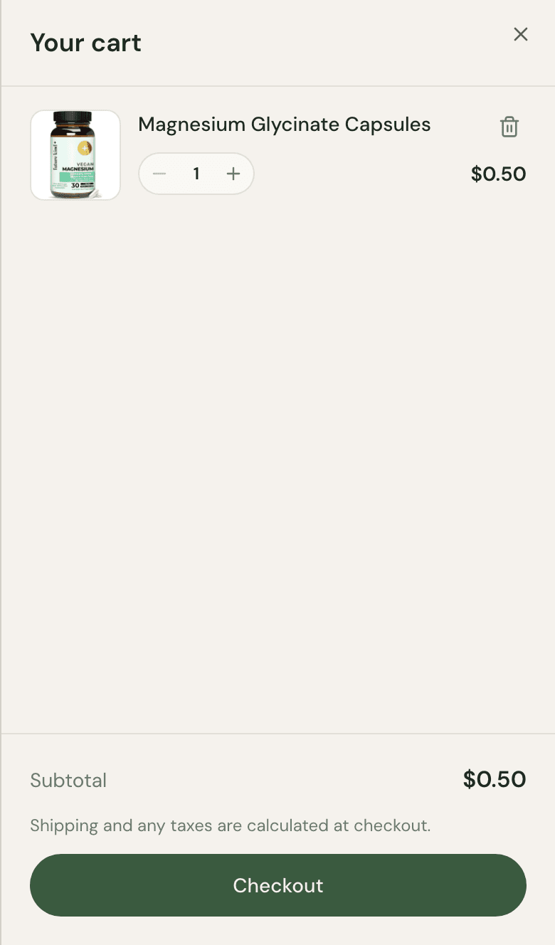 An open cart drawer with a quantity stepper, subtotal, and Checkout button