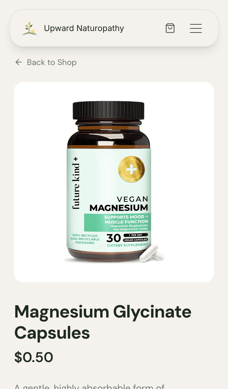 Magnesium Glycinate Capsules product page on a practitioner's branded site