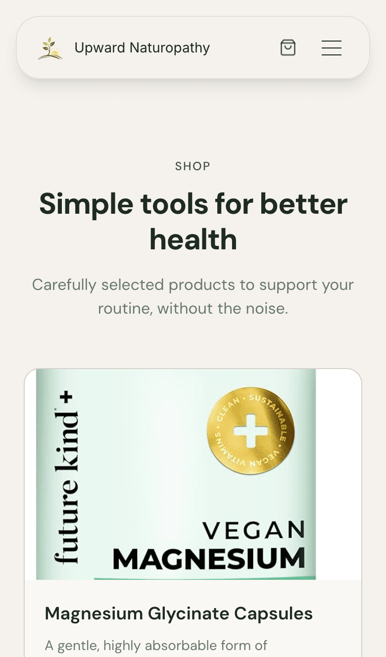 A practitioner's product grid showing supplements and digital products