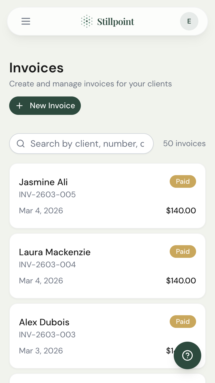 Invoice list showing paid, pending, and overdue invoices