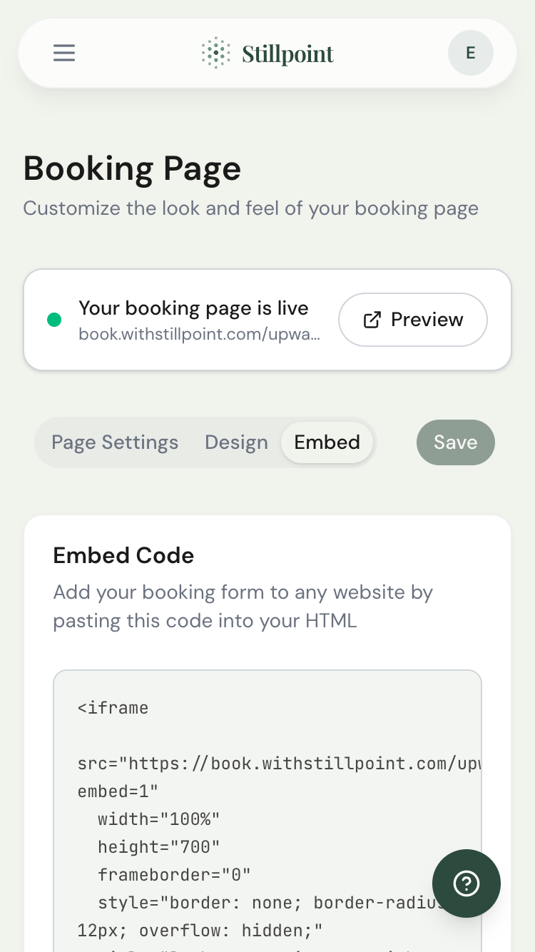 Booking page embed code