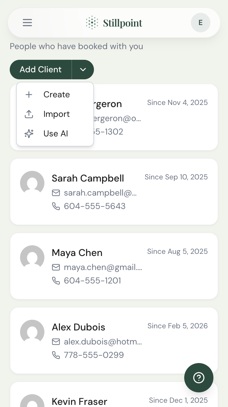 Client list — browse session history