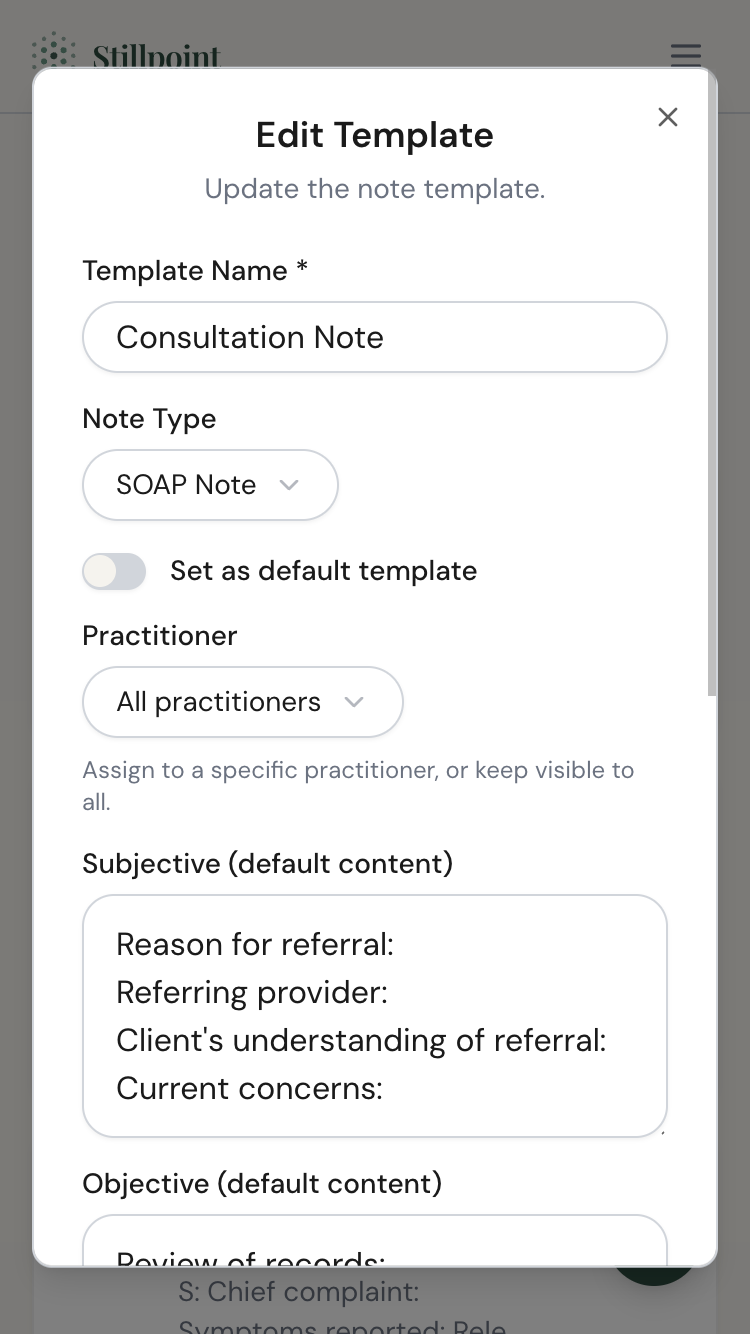 Editing a SOAP note template