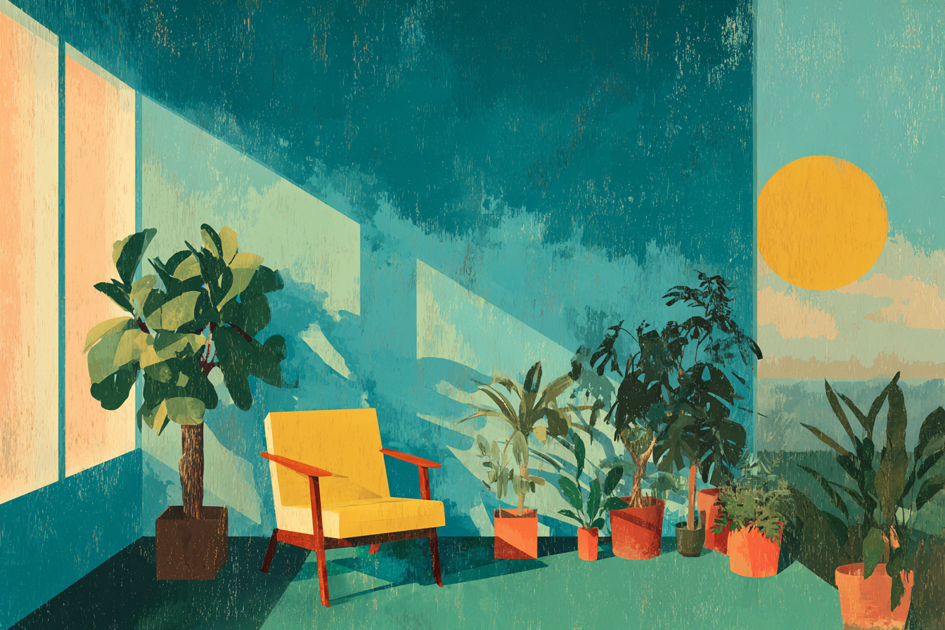 Warm, cozy room with a comfortable chair and plants