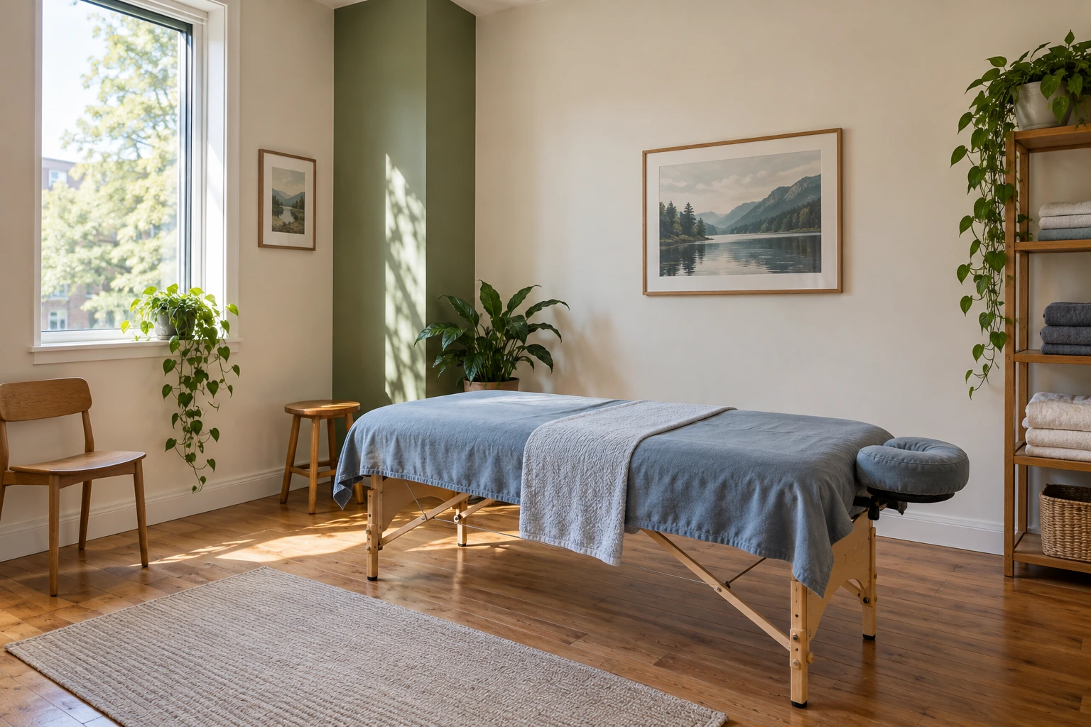An empty sunlit treatment room with blue-gray linen, wooden chairs and plants