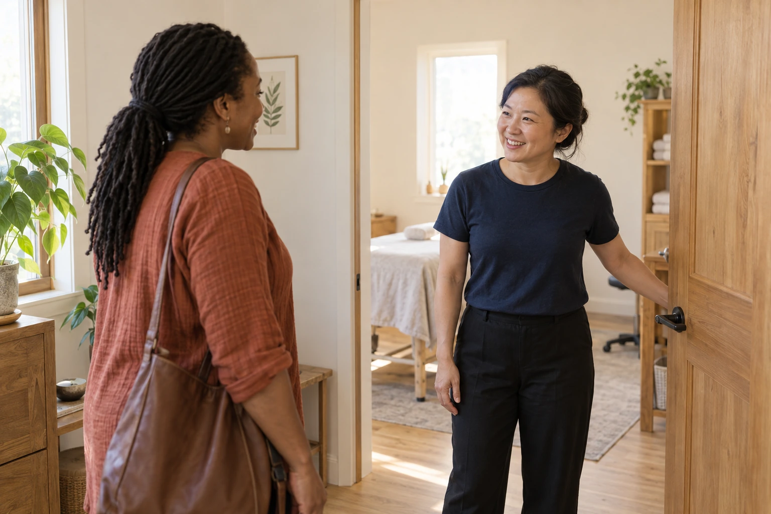 A practitioner opening a treatment-room door to welcome a client