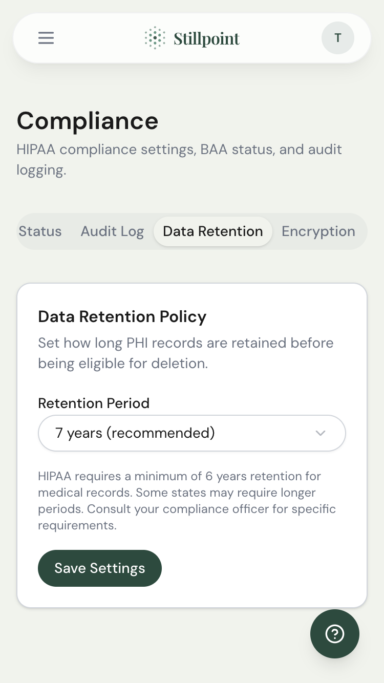Data retention policy settings